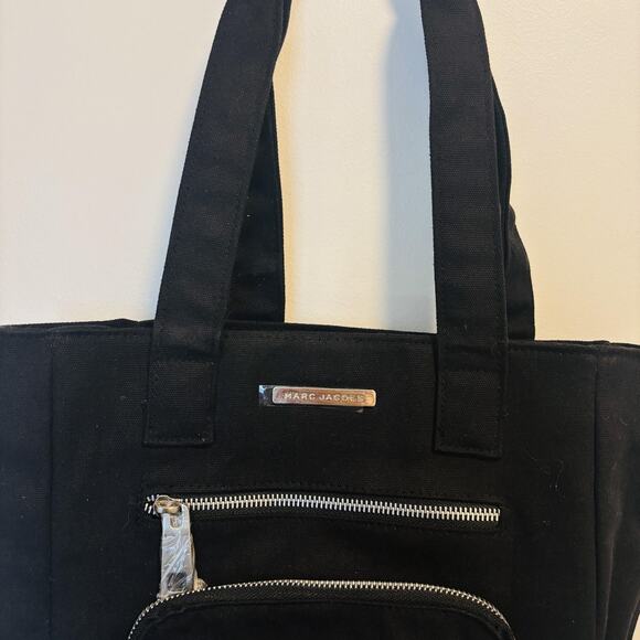 Marc Jacobs Tote Bag Womens Black Canvas Zip Front Pocket Shopper Purse New - Picture 4 of 13